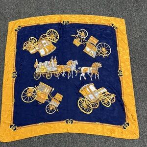 Elegant Carriage Print Scarf in Navy and Gold 33x33”